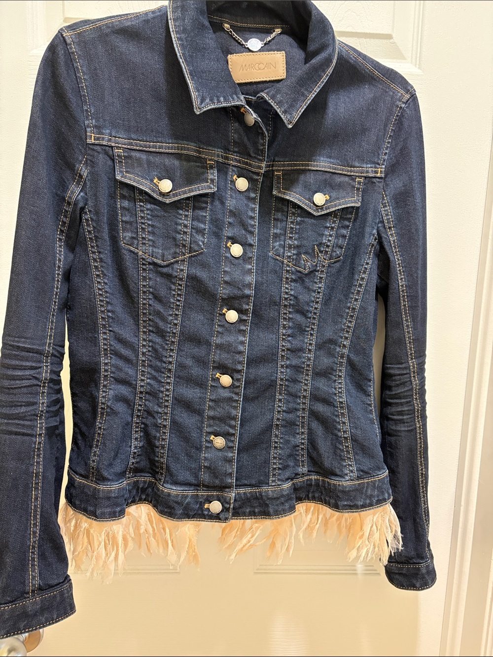 Marc Cain Dark Blue Denim Jacket with Peach fabric Feather removable Trim, N4
